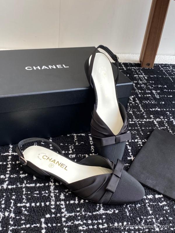 2025 Women Chanel Black Satin Silk Leather Sandals Bow KFY00289