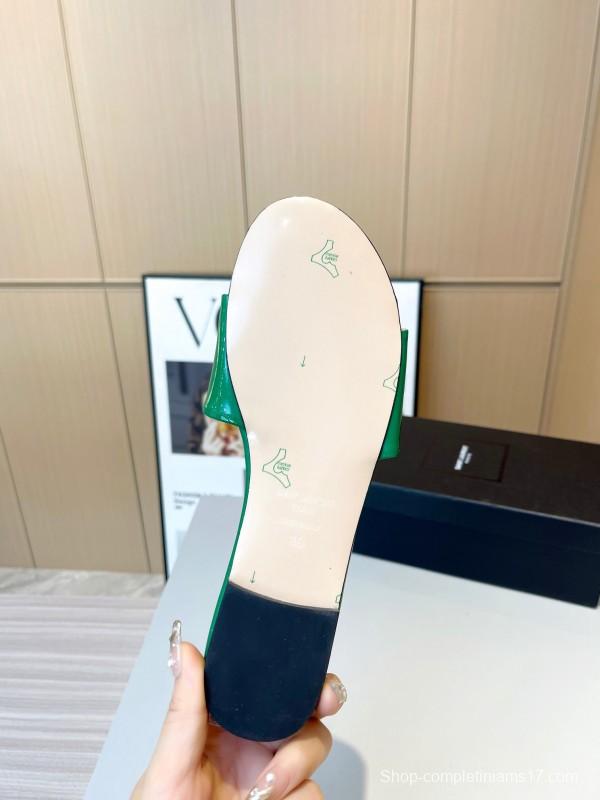 2025 Women Yves Saint Laurent Green Leather Slippers LY00180