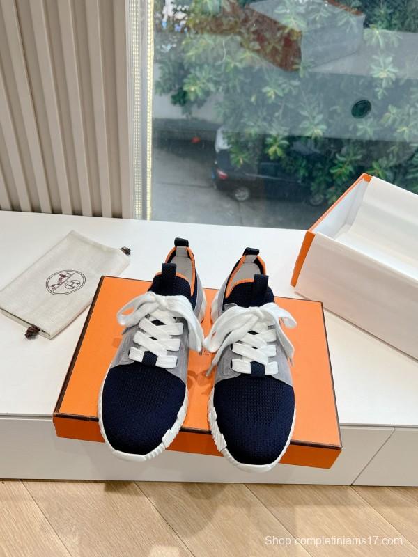 2024 Unisex Hermès blue grey orange knit leather sneakers