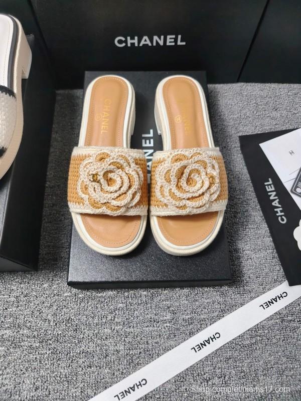 2025 Slippers Chanel Beige White Crochet Flower LY00260