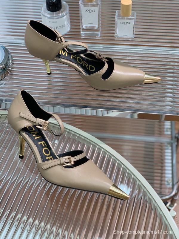 2025 Women TOM FORD Beige Leather Pointed Toe Metal Tip Pumps KFY00320
