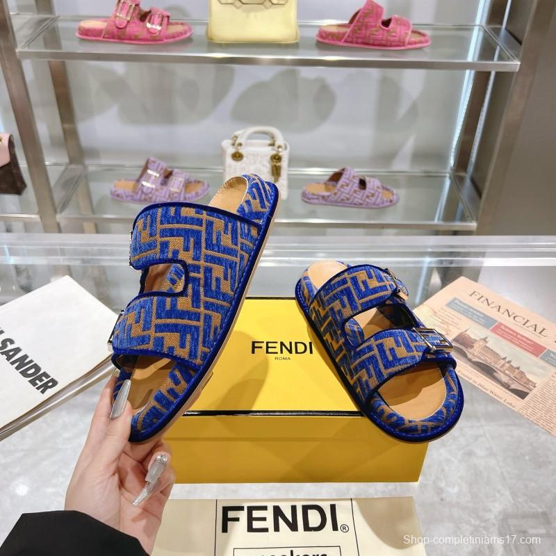 2025 Slippers Fendi Blue Brown Jacquard Buckle KFY00250