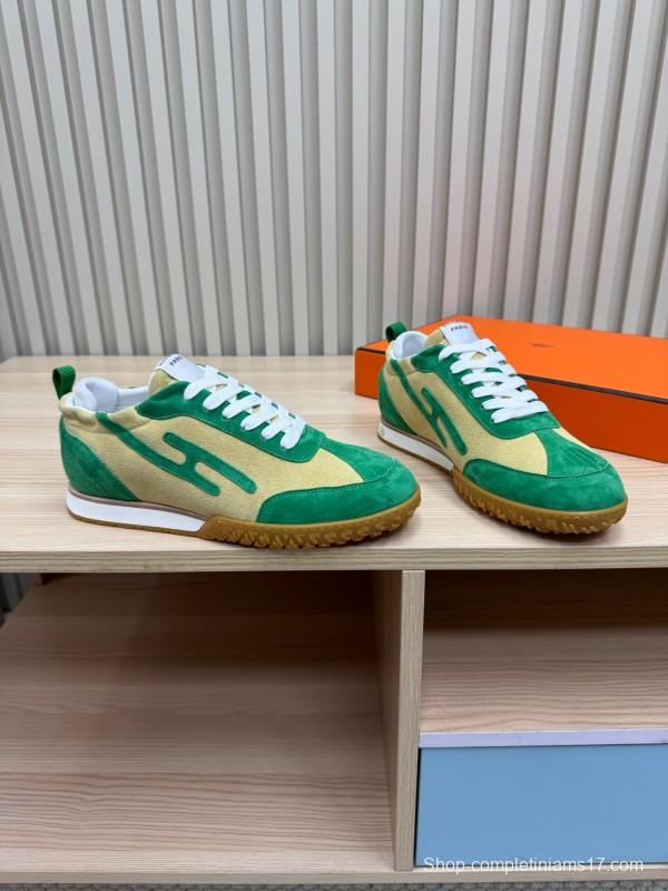 2025 Unisex Hermès Green Beige Suede Down Fabric Sneakers Top Version KFY00300