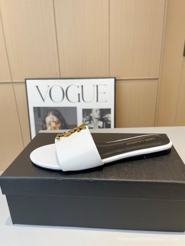 2025 Women Yves Saint Laurent White Leather Slippers LY00180