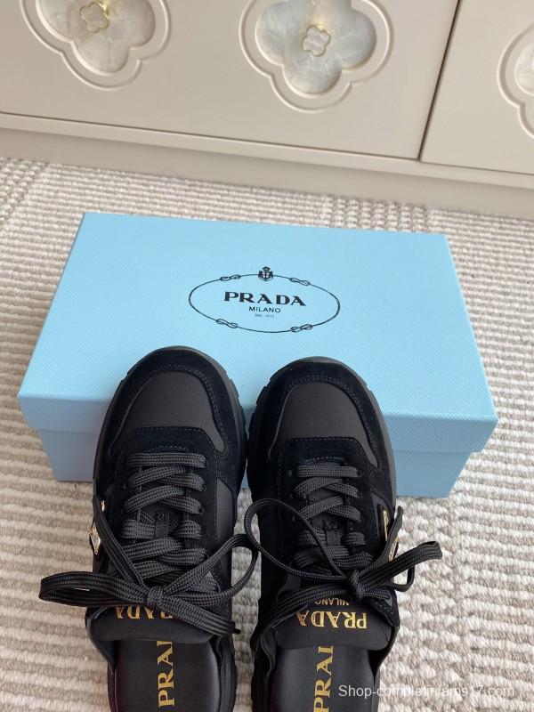 2025 Women Prada Black Nylon Leather Sneakers LY00290