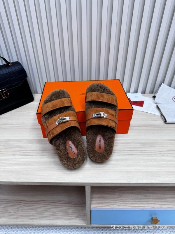 2024 Slippers Hermès Brown Suede Shearling Slippers MJ00300