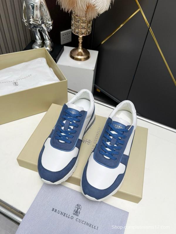 2024 Men Brunello Cucinelli Blue White Suede Calfskin Sneakers MJ00360
