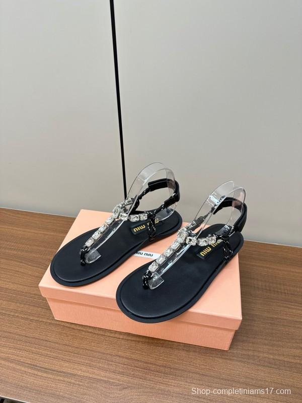2025 Women Miu Miu Black Leather Rhinestone Sandals LY