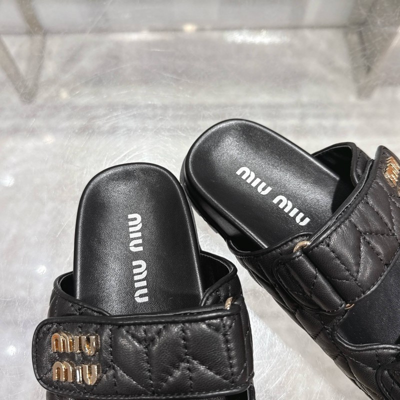 2025 Women Miu Miu Black Leather Slide Sandals