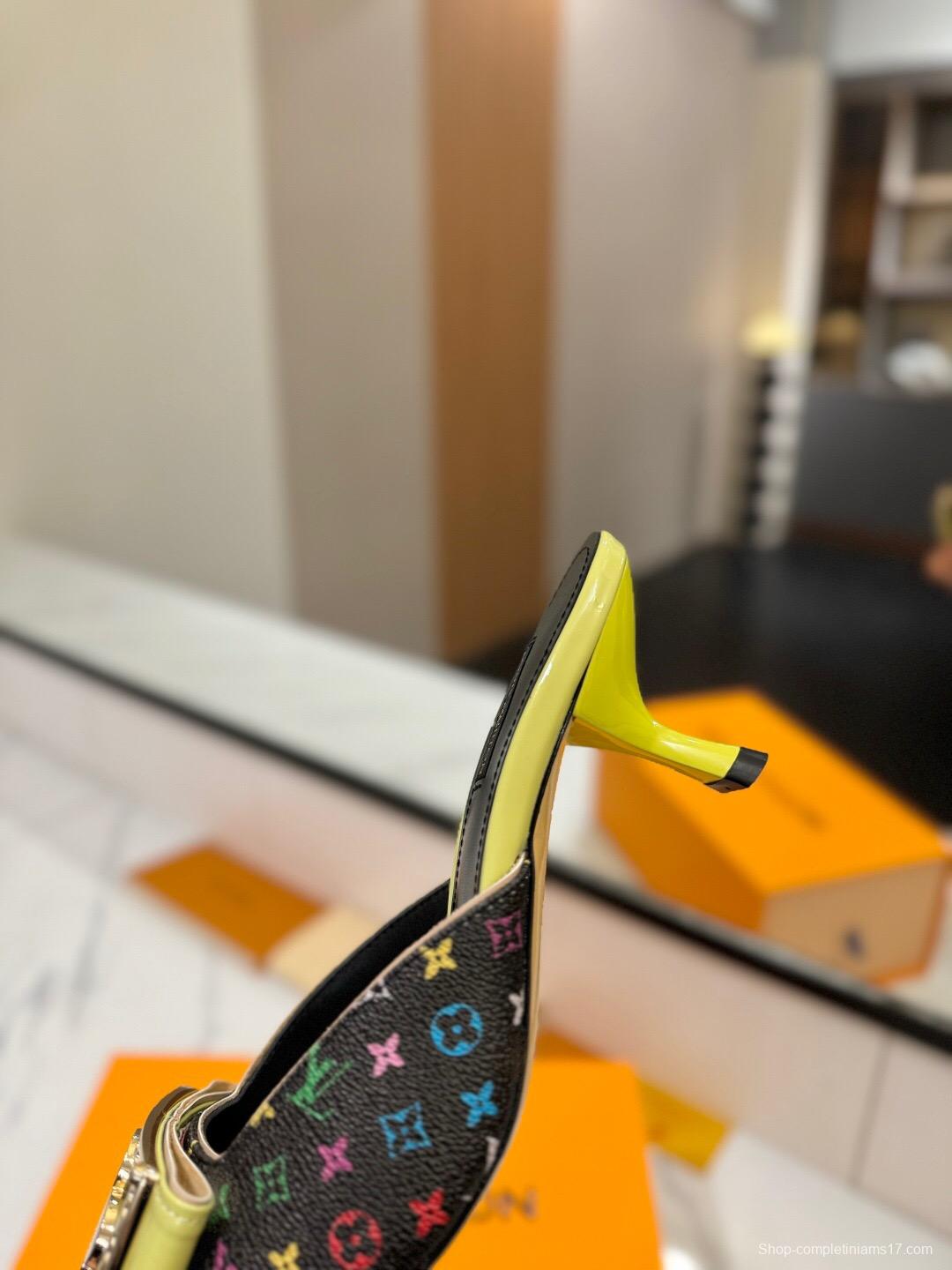 2025 Women Louis Vuitton Black Multicolor Canvas Leather Mules Buckle KFY00320