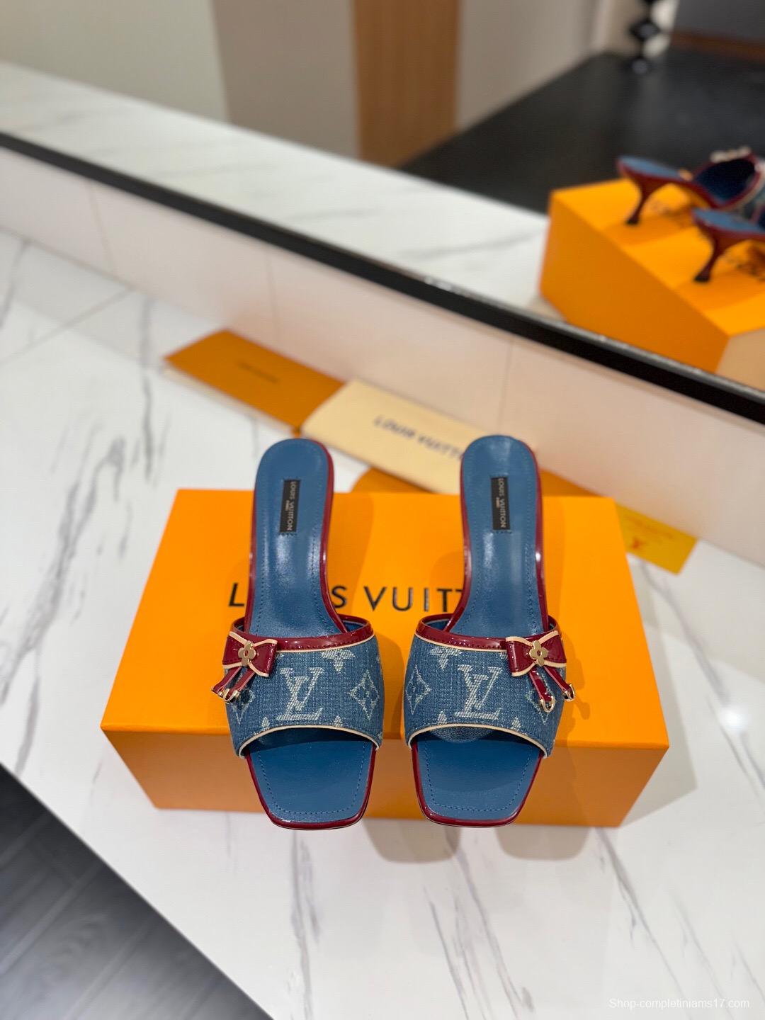 2025 Women Louis Vuitton Blue Denim Leather Mules
