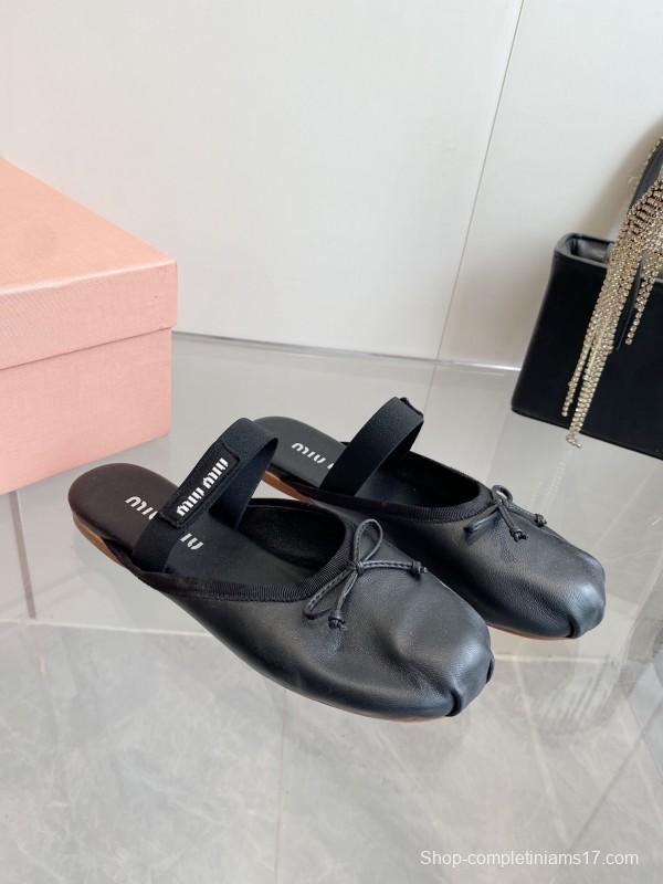 2025 Women Miu Miu Black Leather Ballet Flat Elastic Band