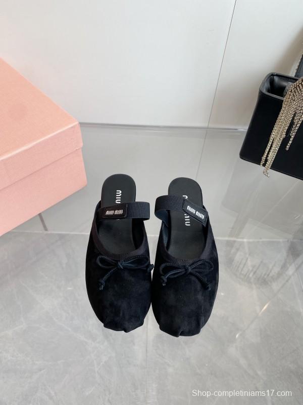 2025 Women Miu Miu Black Suede Ballet Flat Elastic Band Ballerina Slippers KFY00280