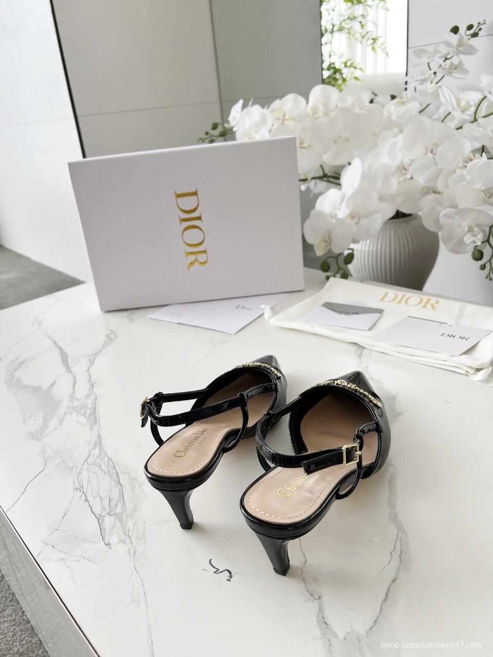 2025 Women Dior Black Patent Leather Slingback Heels KFY00310