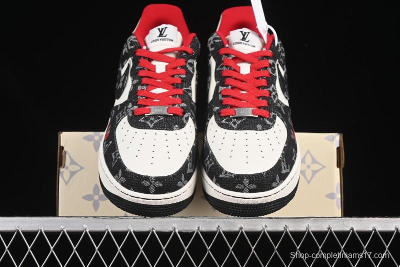 Nike Air Force 1 '07 Low LV Collaboration Black Denim Red Swoosh Casual Sneakers - LW9279-001
