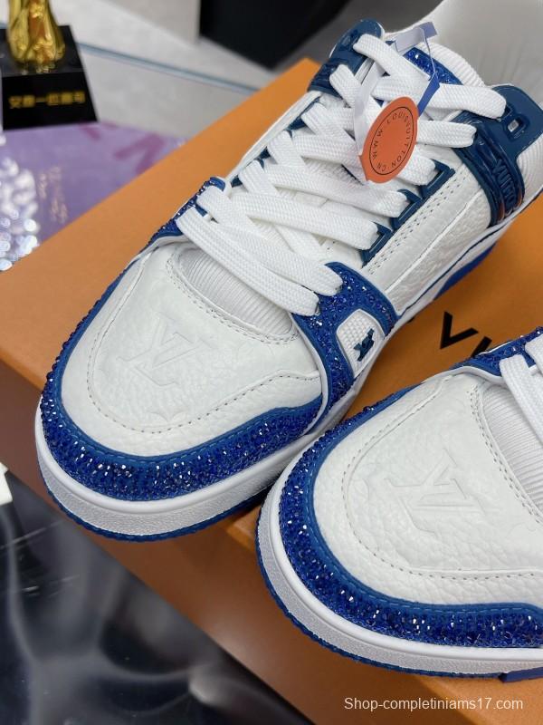 2025 Unisex Louis Vuitton Blue White Leather Plimsolls Handcrafted Beaded AS00400