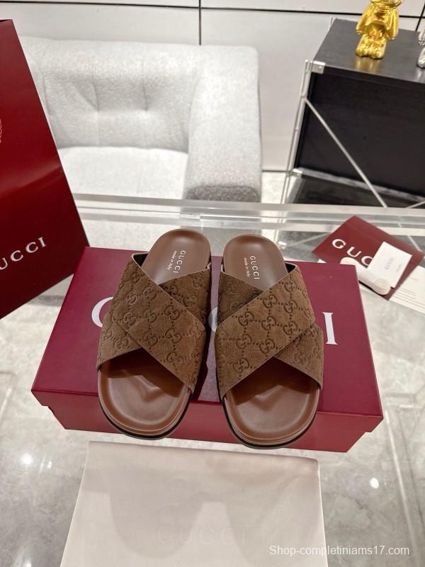 2025 Women Gucci Brown Suede Slippers GG Embossed AS00240