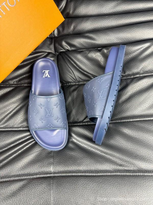 2025 Men Louis Vuitton Blue Leather Slippers AS00170