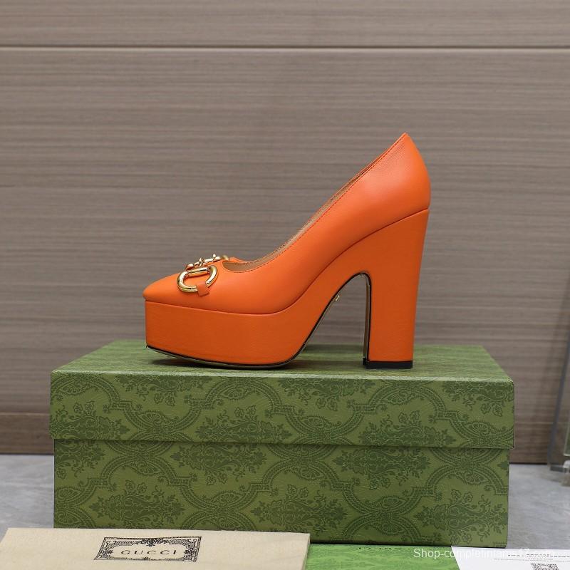 2025 Women Gucci Orange Leather Platform Pumps KFY00320