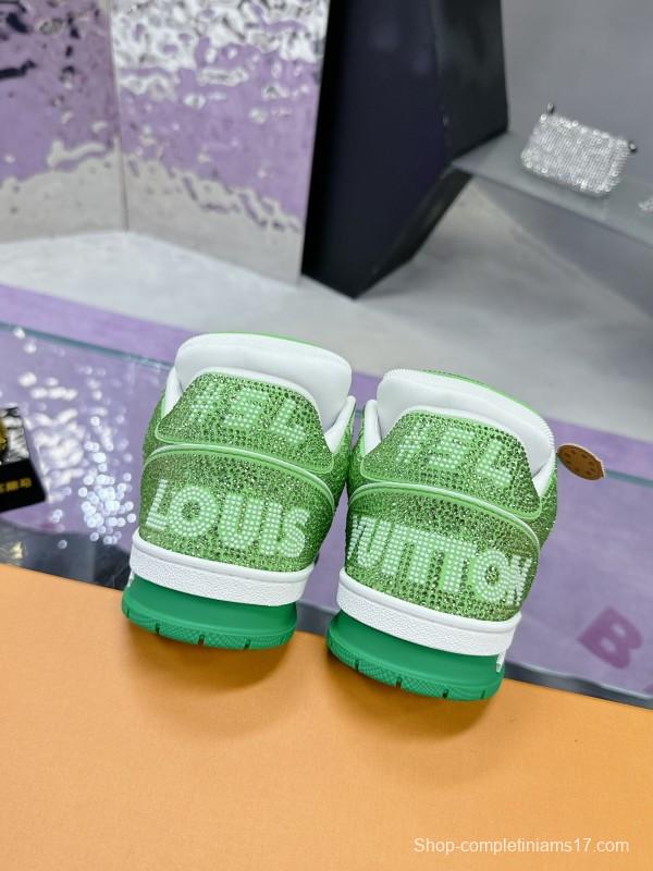 2025 Unisex Louis Vuitton Green White Leather Fabric Plimsolls Handmade Crystal Detailing AS00400