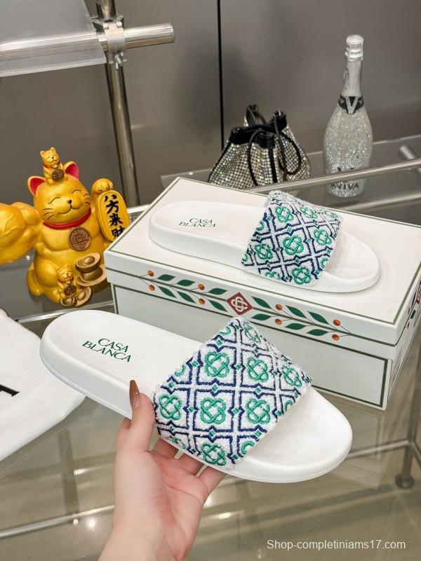 2025 Men CASA BLANCA White Green Blue Embroidered Leather Slippers KFY00160