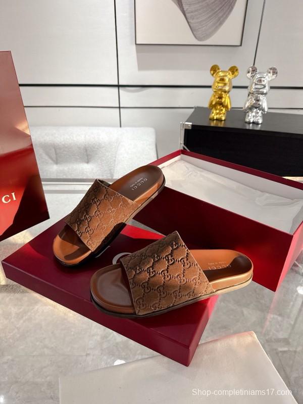 2025 Unisex Gucci Brown Leather Slippers Top Version AS00240
