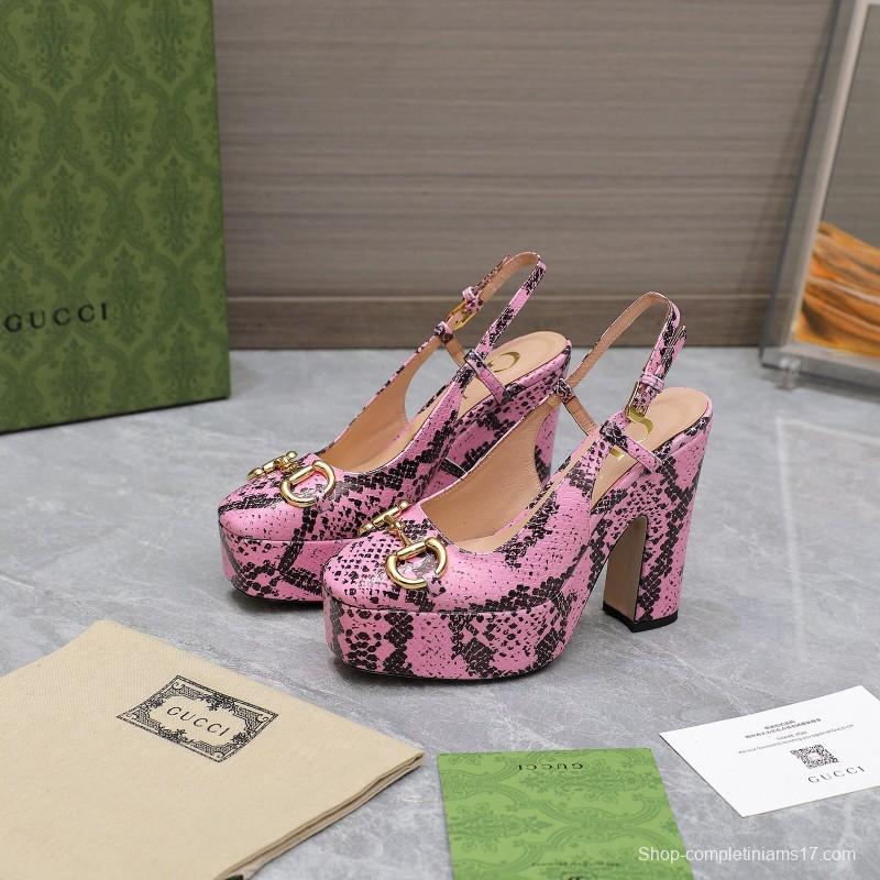2025 Women Gucci Pink Black Leather Platform High Heels KFY00320