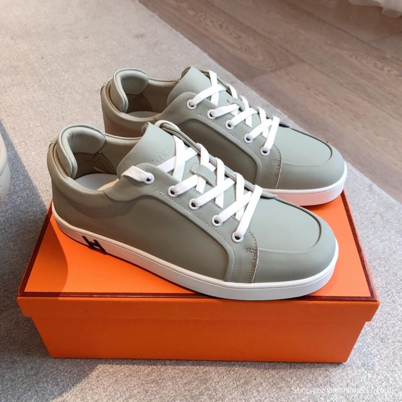 2025 Men Hermès Sage Green Leather Sneakers AS00380
