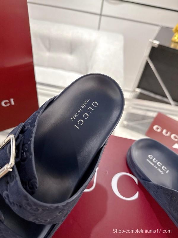 2025 Unisex Gucci Black Leather Fabric Slippers Double G Embossed AS00240