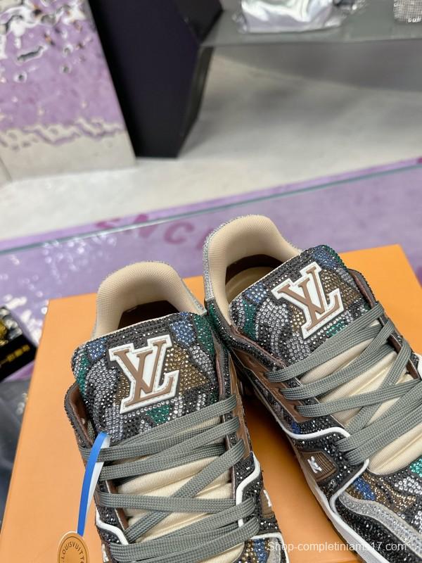 2025 Unisex Louis Vuitton Blue Grey Black Leather Fabric Sneakers Handcrafted Crystals AS00400