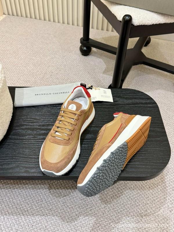 2025 Unisex Brunello Cucinelli Beige Brown Red Calfskin Mesh Sneakers AS00320