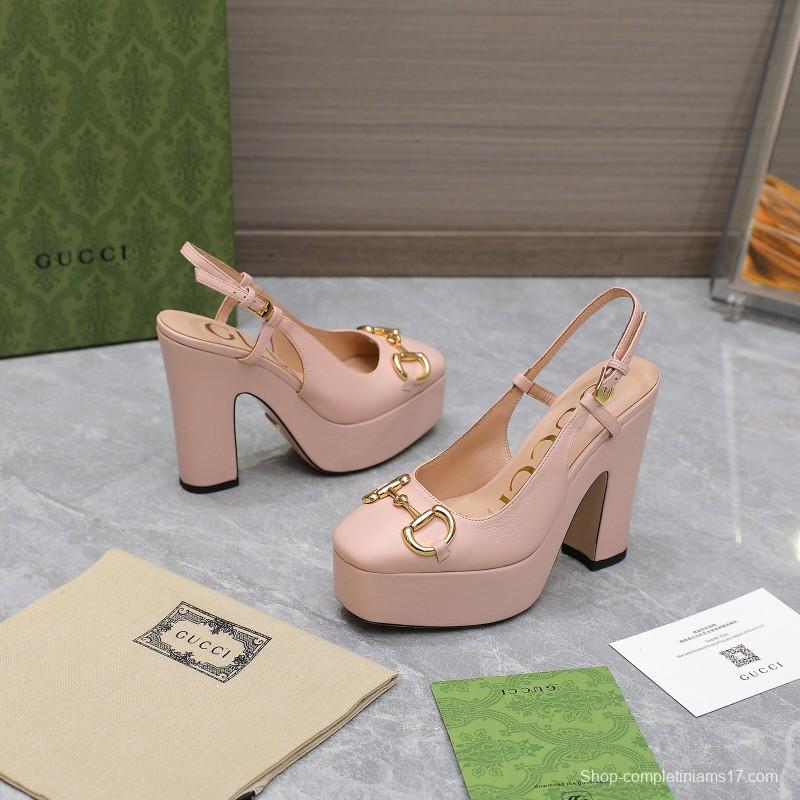 2025 Women Gucci Pink Leather Platform High Heels KFY00320