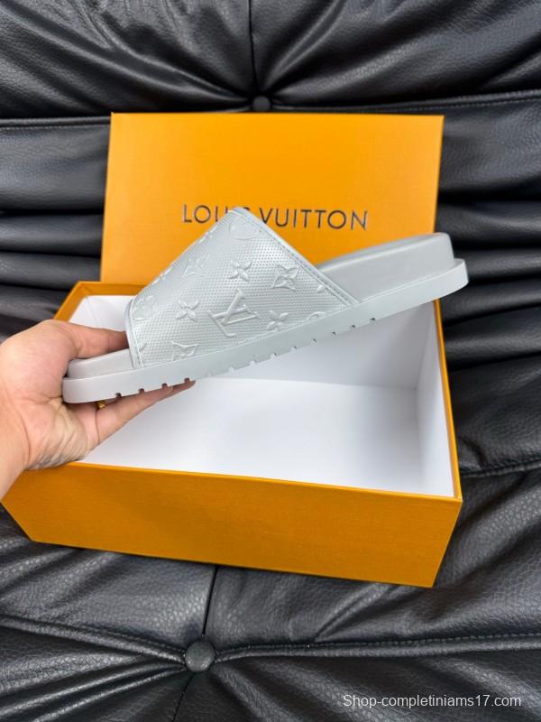 2025 Men Louis Vuitton White Leather Slippers AS00170