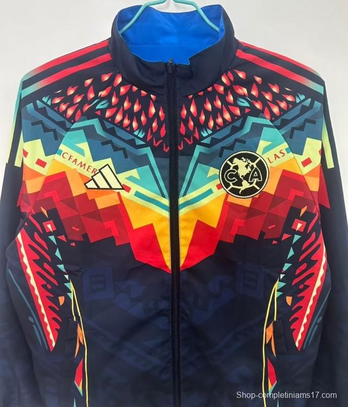25/26 Club America Navy Blue with Aztec-Inspired Geometric Pattern Windbreaker