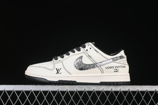 Nike SB Dunk Low LV Collaboration Beige Black Denim Swoosh Anniversary Custom Low-Top Skate Shoes - JP1628-027