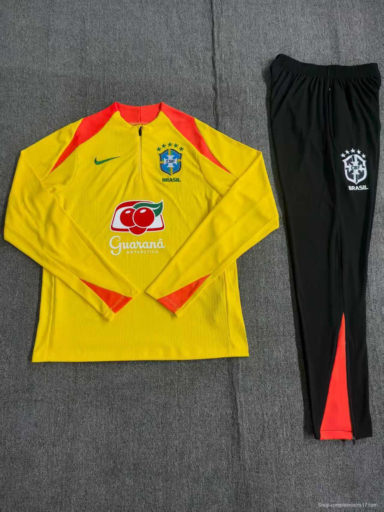 Player Version 25/26 Kids Brazil Yellow Half Zipper Jacket+Long Pants