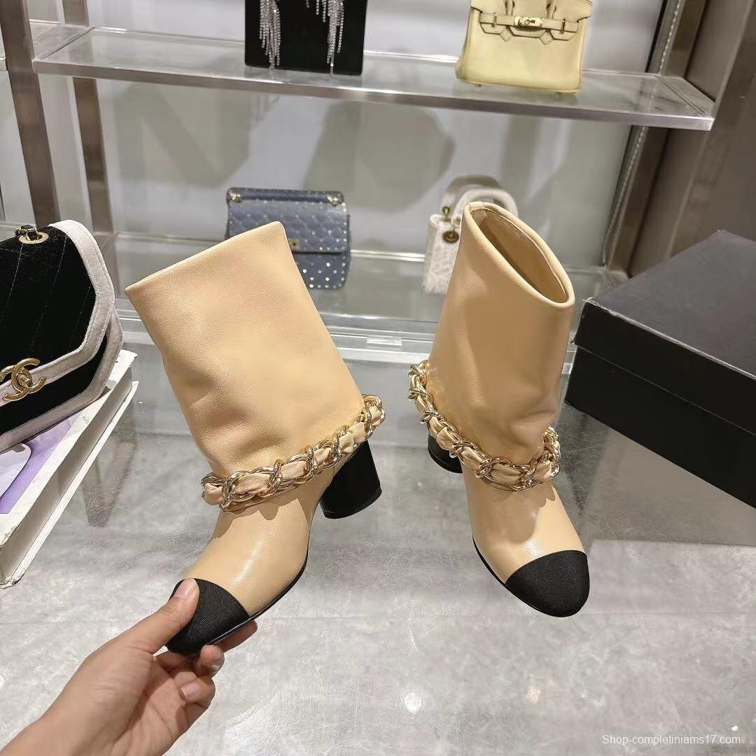 Chanel 2025/SS Runway Turn-Cuff Large Chain Strap Block Heel Boots - LY00410