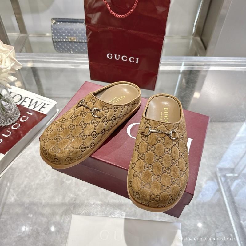 Gucci Camel Suede GG Embossed Horsebit Mule Sandals - LY00240