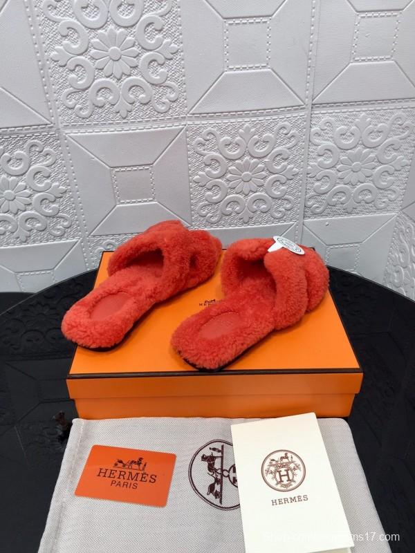 H Teddy Wool H Slippers Flat Sole Fur Slides - LY00240