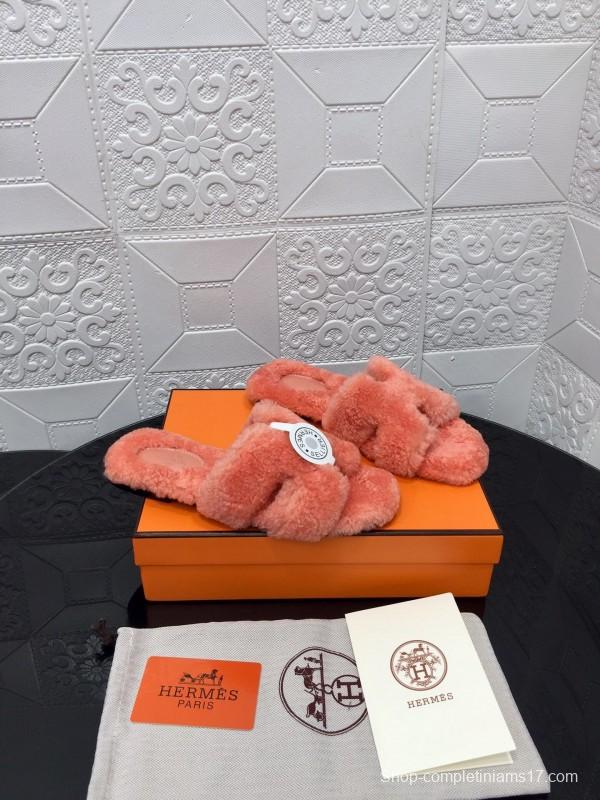 H Teddy Wool H Slippers Flat Sole Winter Home Shoes - LY00240