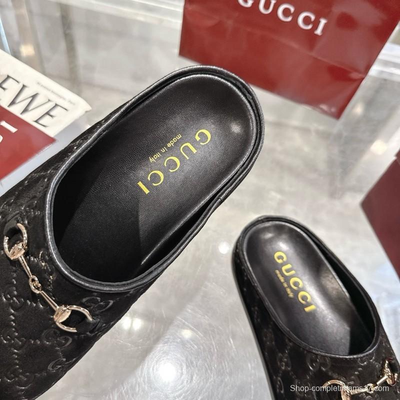 Gucci Camel Suede GG Embossed Horsebit Mule Sandals - LY00240