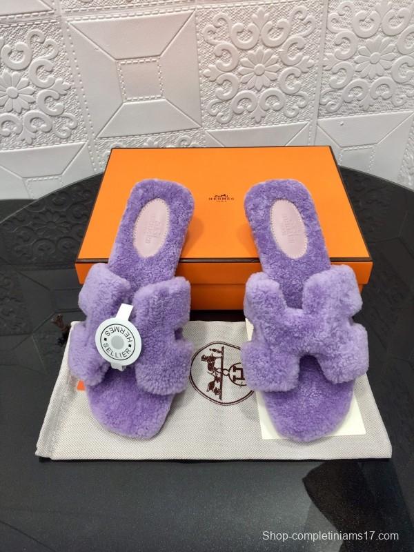 H Eiderdown Teddy Wool H Slippers Flat Sole Fur Slides - LY00240