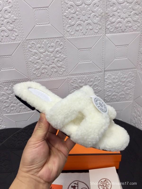 H Teddy Wool H Slippers Flat Sole Fur Slides - LY00240