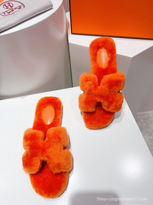Hermès Teddy Wool H Slippers Flat Sole Fur Slides - LY00240
