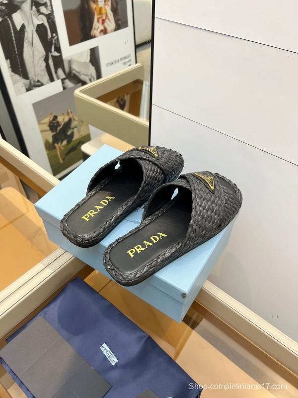 Prada 2025 SS Raffia Handwoven Cross Strap Sandals - KFY00260