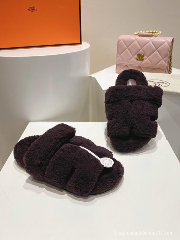 H Love Erjiu Full Wool Slippers with Slightly Curled Fur - LY00270