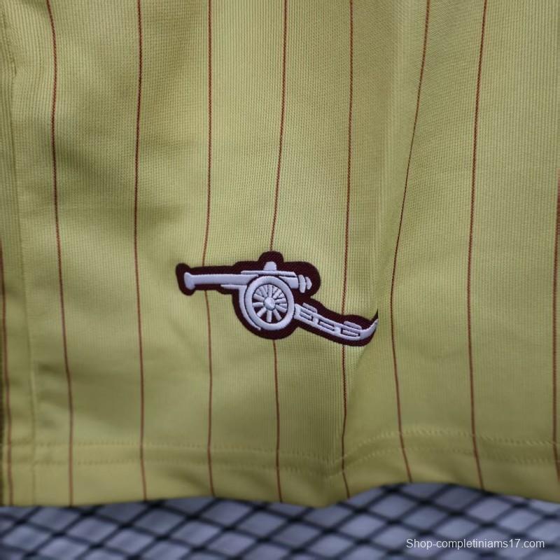 Player Version 25/26 Arsenal Yellow with Burgundy Side Stripes and Pinstripes Shorts