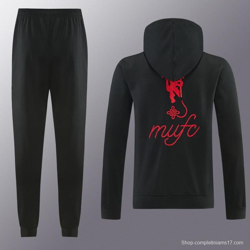 26/27 Manchester United Black Pullover Hooded Tracksuit + Long Pants
