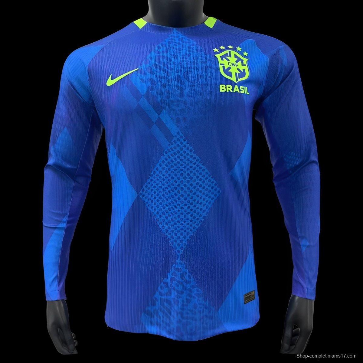 Player Version 2025 Brazil Away Blue Long Sleeve Jersey