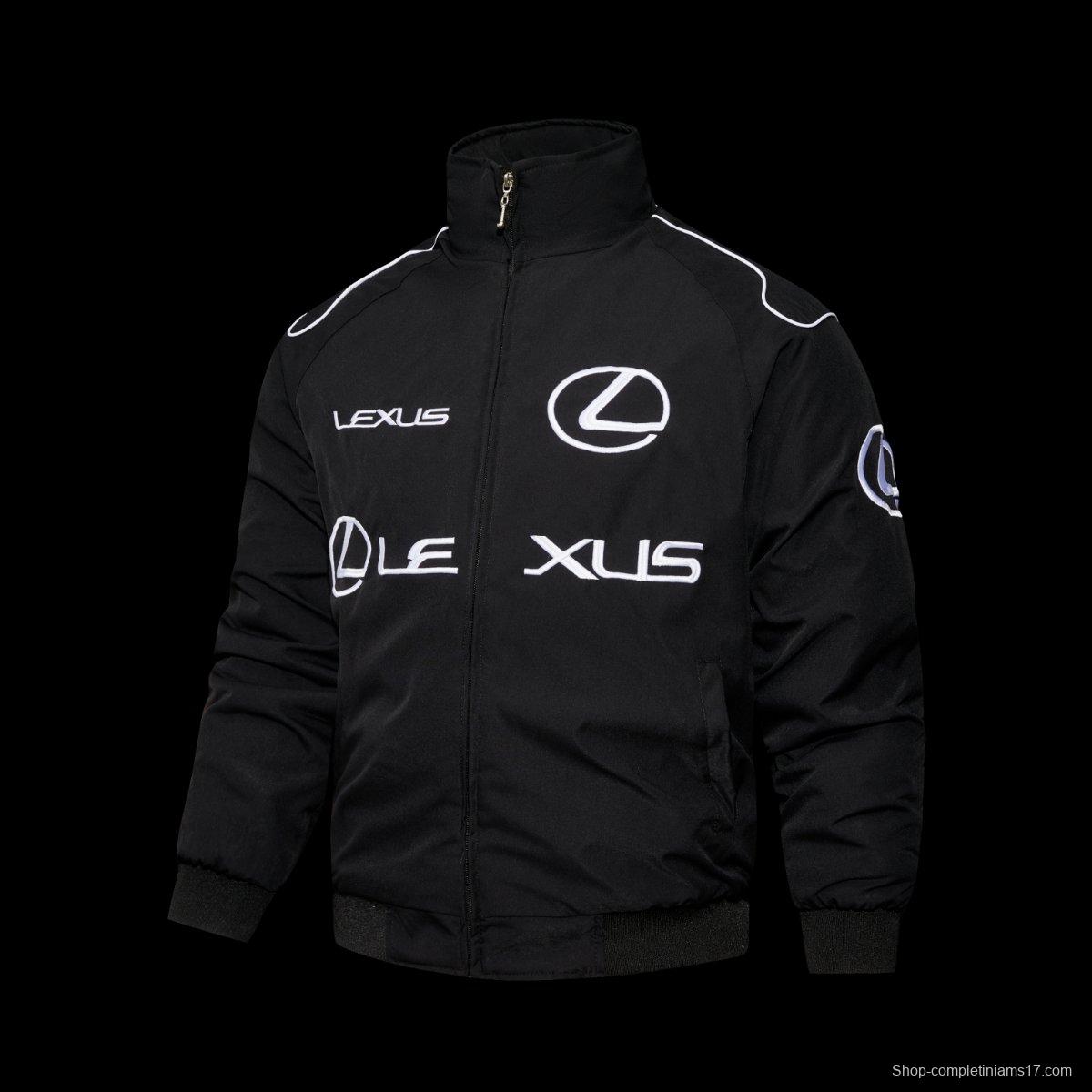 2026 F1 Lexus Black Racing Jacket with White Logo Embroidery and Piping Details